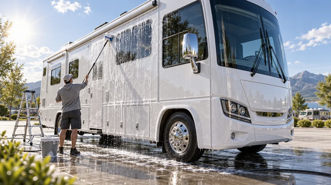 3D render of a large RV being washed with foam and a soft brush