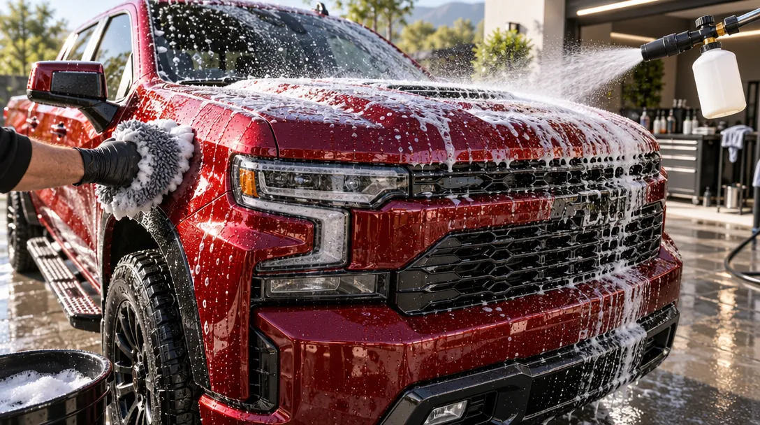 3D render of a red pickup truck mid-detail with a foam cannon