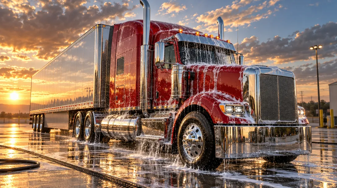 3D render of a gleaming chrome 18-wheeler being rinsed of foam